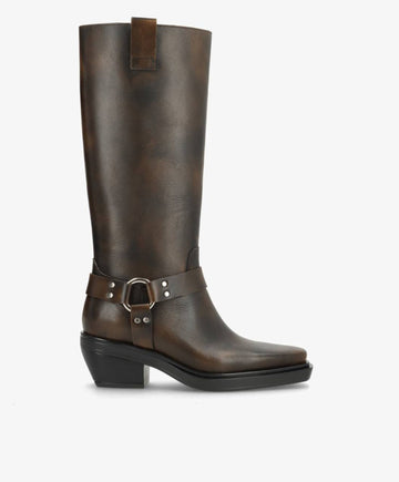 SEQUENCE - Dame Lang biker støvle med hæl - Mørkebrun læder