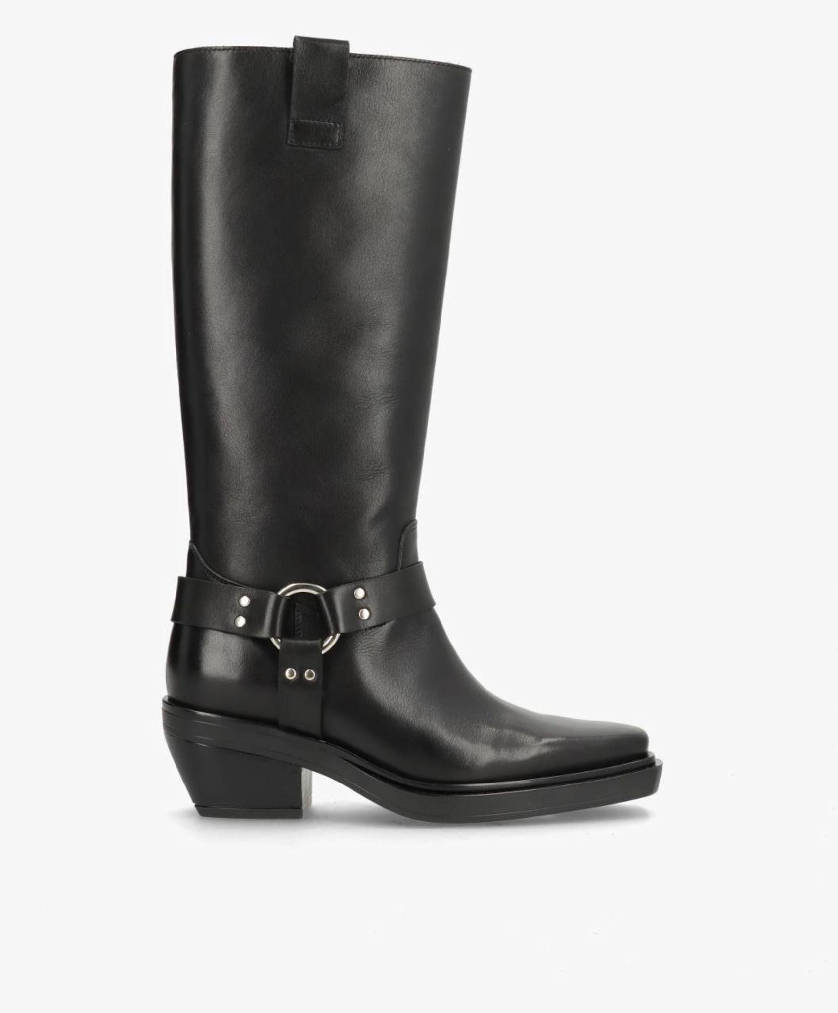 SEQUENCE - Dame Lang biker støvle med hæl - Sort læder